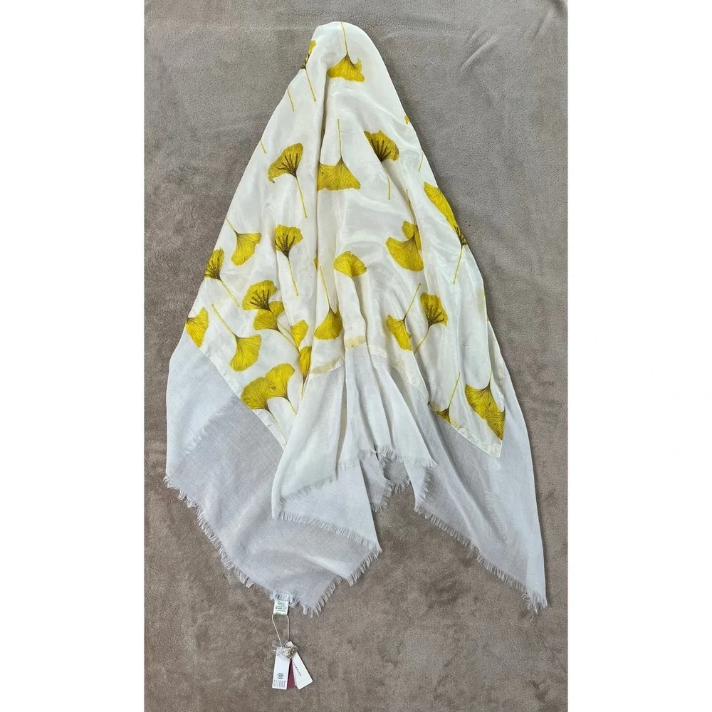 Anthropologie Citrus Ginkgo Leaf Embroidered SilkWool Scarf Yellow NEW MSRP$118